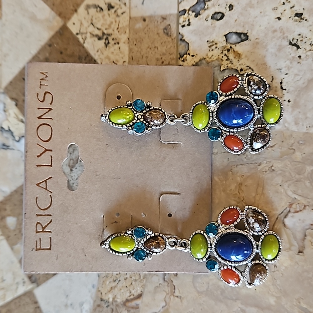 Erica Lyons Earrings Dangle 2 In Long Bright Multicolor Rhinestone Plastic